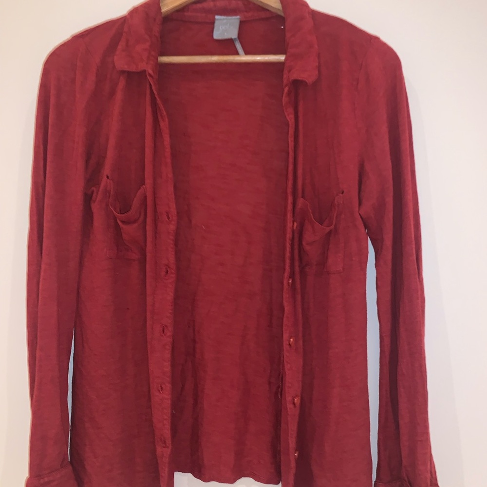 Red button up shirt.